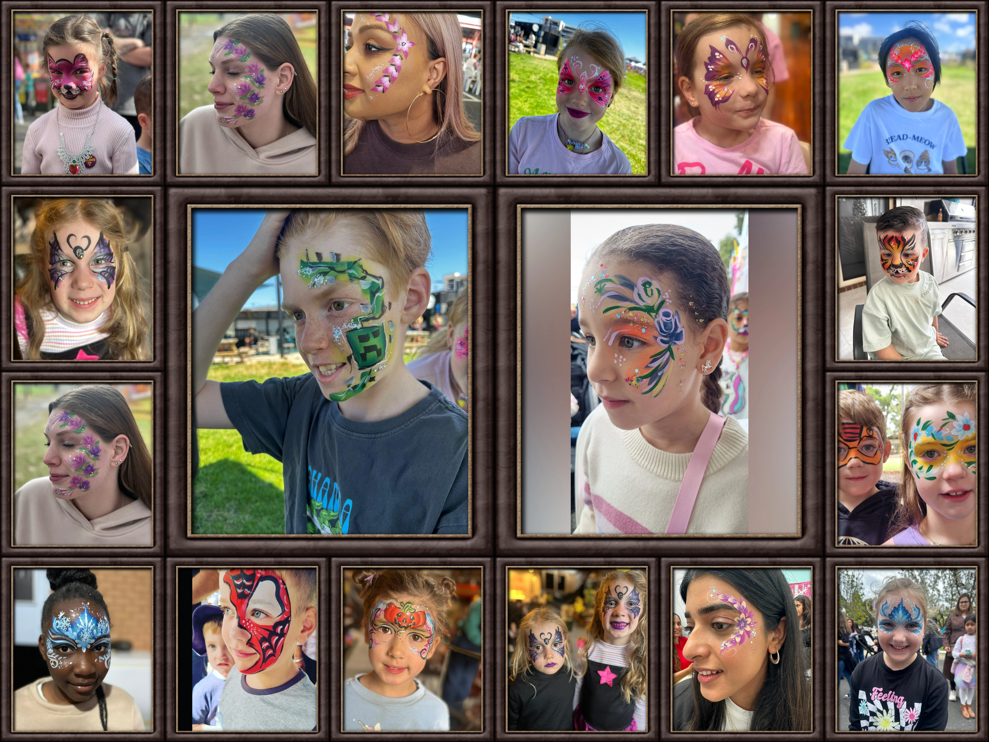 A collage of Fantasy Facez face painting designs